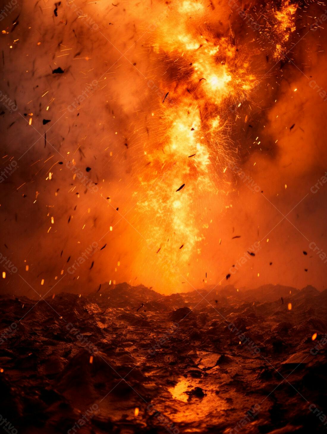 Erupção vulcânica intensa com lava e cinzas