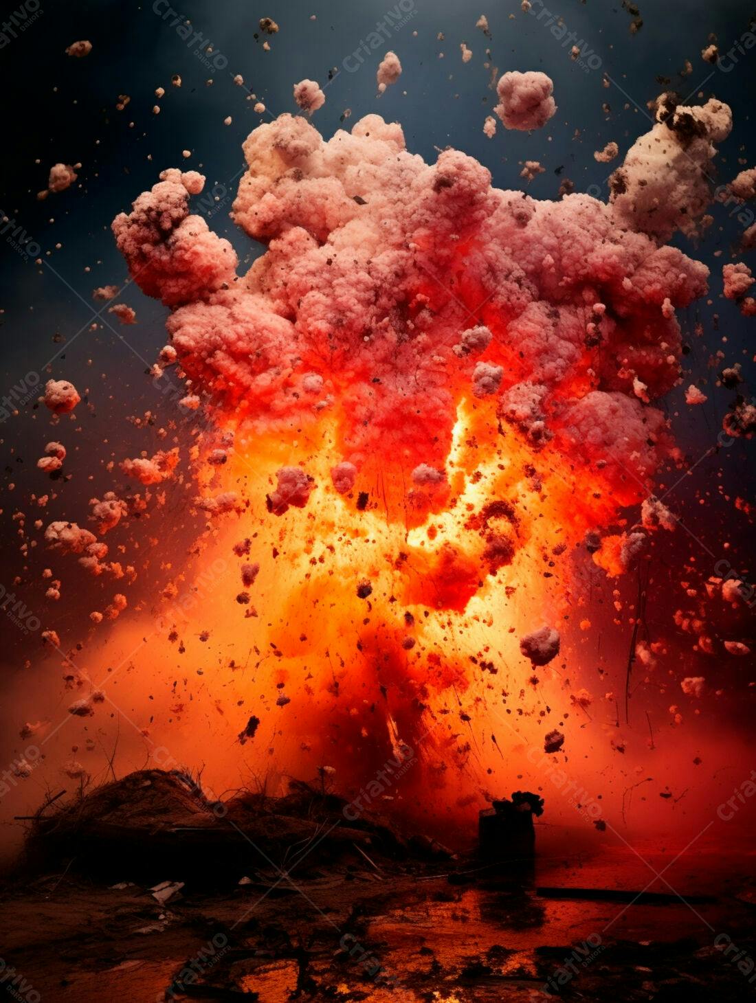 Explosão de fogo e detritos