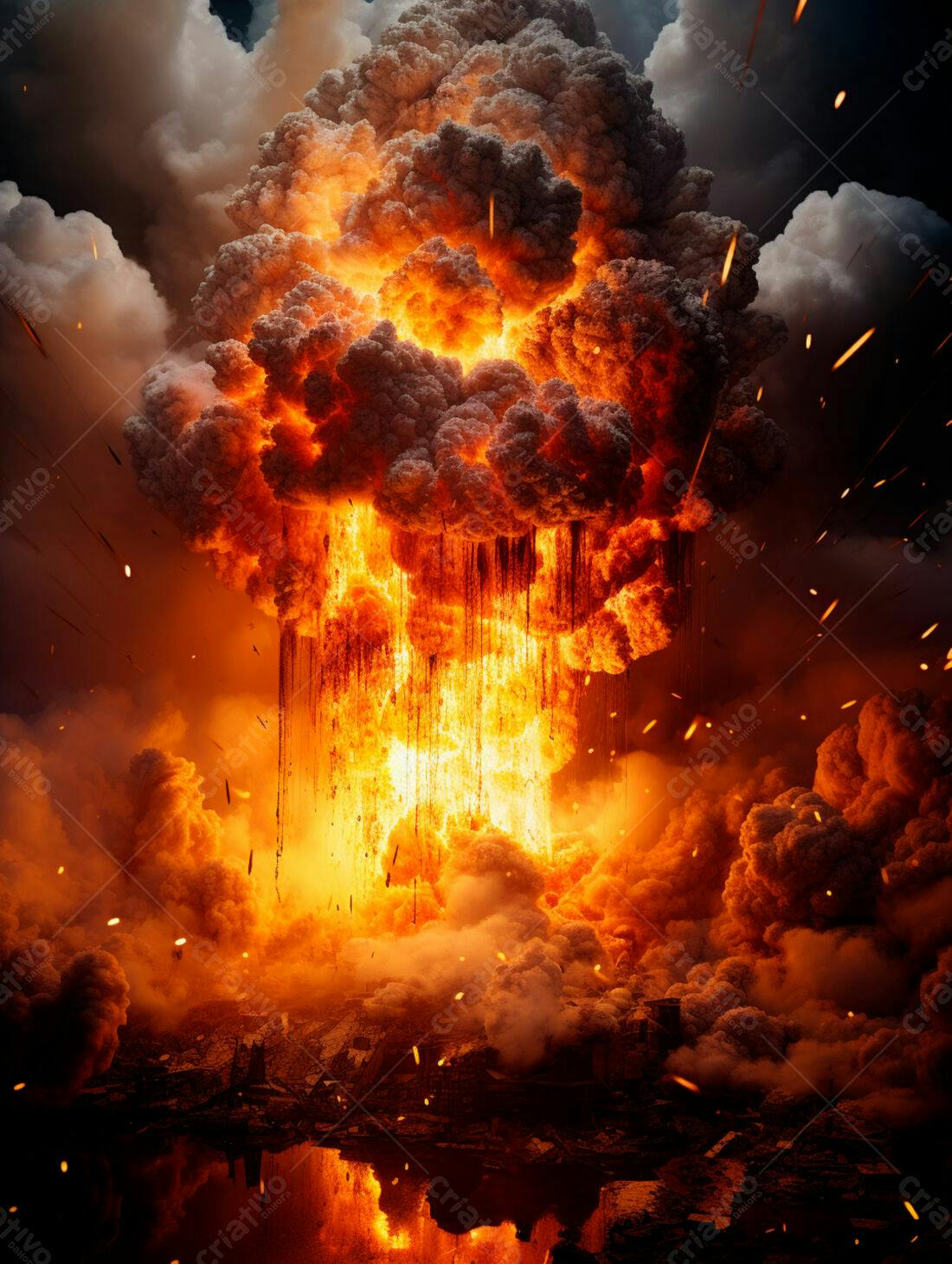 Explosão nuclear devastando cidade