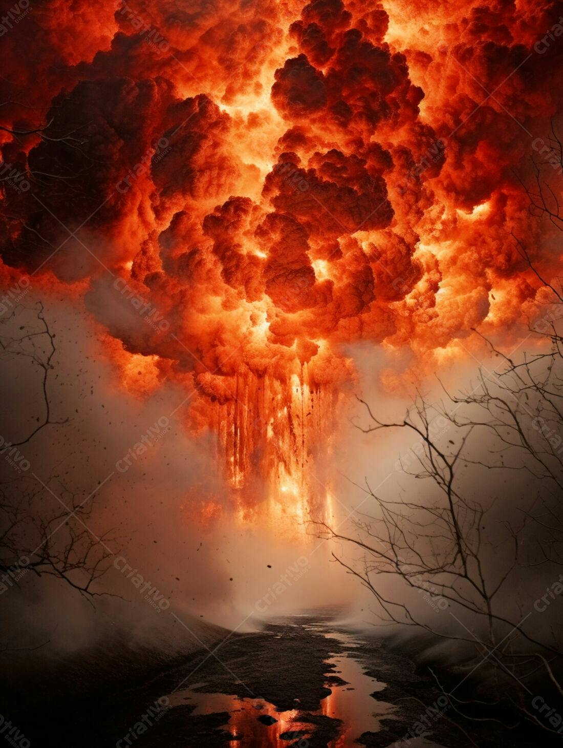 Explosão de fogo gigantesca em cenário desolado