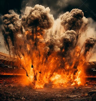 Imagem de uma explosão com fumaça em um estádio em ruínas 1