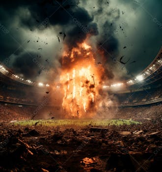 Imagem de uma explosão com fumaça em um estádio em ruínas 2
