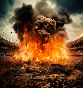 Imagem de uma explosão com fumaça em um estádio em ruínas 4