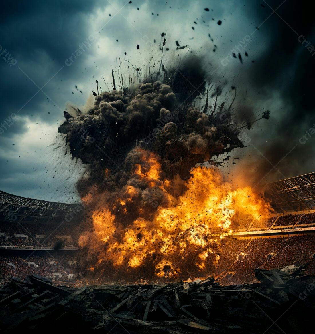 Explosão em estádio com muitas chamas e fumaça