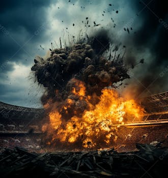 Imagem de uma explosão com fumaça em um estádio em ruínas 5