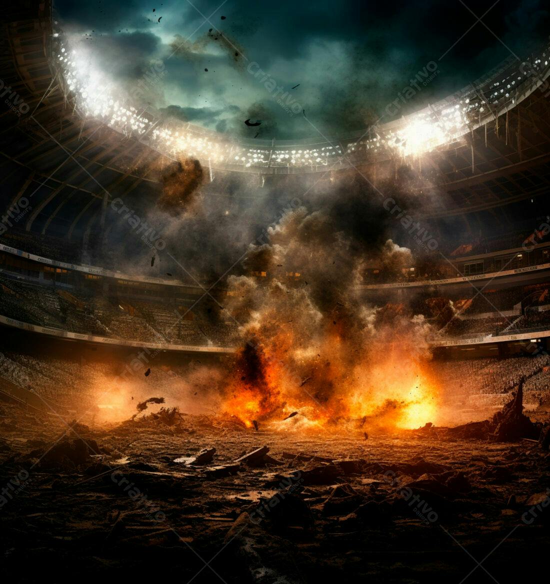 Explosão em estádio de futebol noturno
