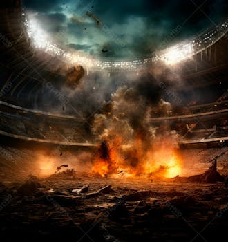 Imagem de uma explosão com fumaça em um estádio em ruínas 6