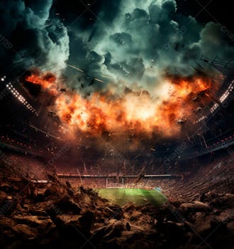 Imagem de uma explosão com fumaça em um estádio em ruínas 8