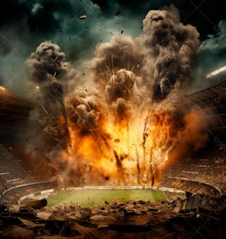 Imagem de uma explosão com fumaça em um estádio em ruínas 9