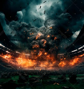 Imagem de uma explosão com fumaça em um estádio em ruínas 11