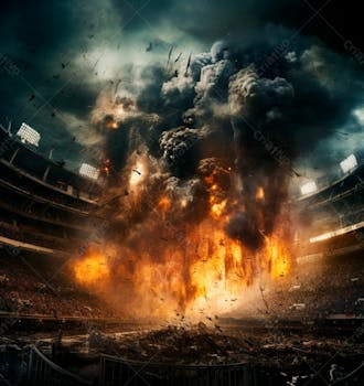 Imagem de uma explosão com fumaça em um estádio em ruínas 12