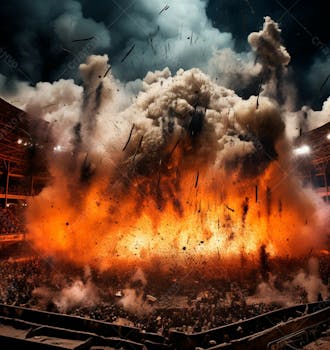 Imagem de uma explosão com fumaça em um estádio em ruínas 13