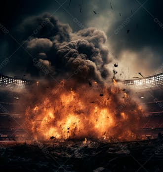 Imagem de uma explosão com fumaça em um estádio em ruínas 14