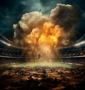 Imagem de uma explosão com fumaça em um estádio em ruínas 15