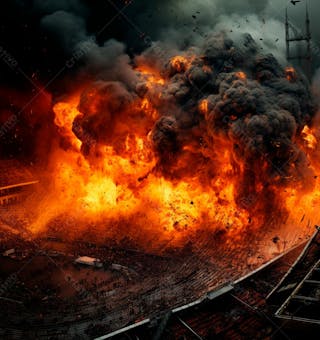 Imagem de uma explosão com fumaça em um estádio em ruínas 16
