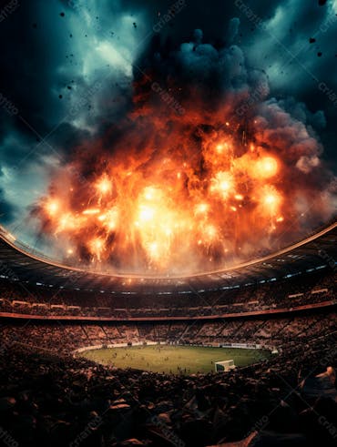Imagem de uma explosão com fumaça em um estádio em ruínas 17