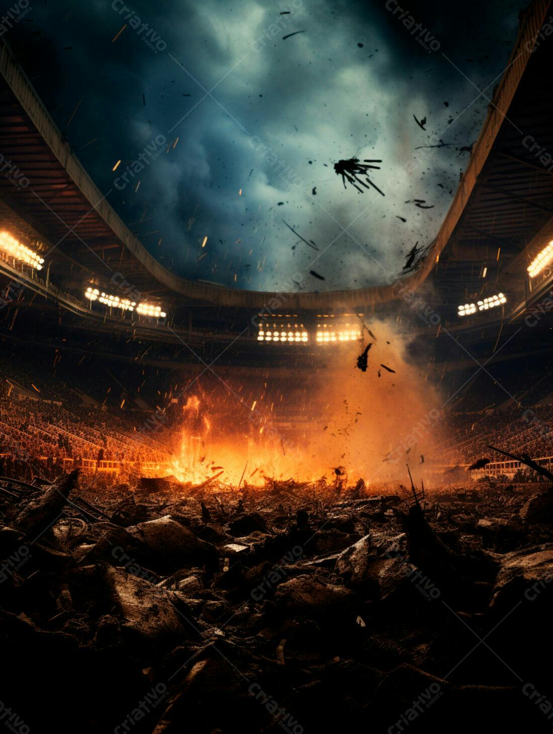 Estádio em chamas após tempestade
