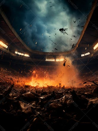 Imagem de uma explosão com fumaça em um estádio em ruínas 18