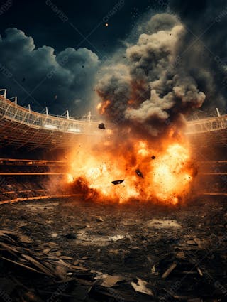 Imagem de uma explosão com fumaça em um estádio em ruínas 19