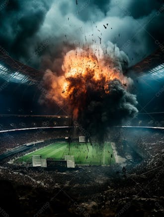 Imagem de uma explosão com fumaça em um estádio em ruínas 20
