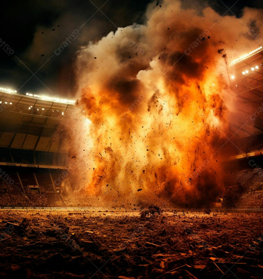 Explosão gigante em estádio noturno