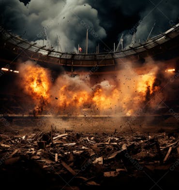 Imagem de uma explosão com fumaça em um estádio em ruínas 22