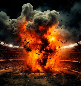 Imagem de uma explosão com fumaça em um estádio em ruínas 23