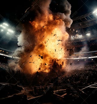 Imagem de uma explosão com fumaça em um estádio em ruínas 24