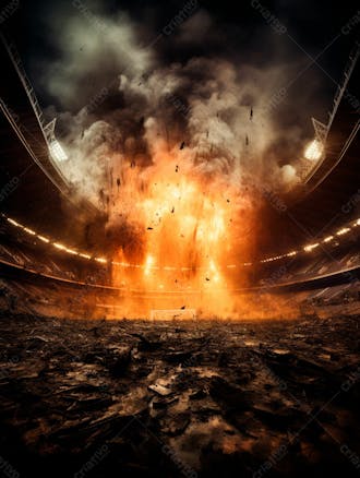 Imagem de uma explosão com fumaça em um estádio em ruínas 25