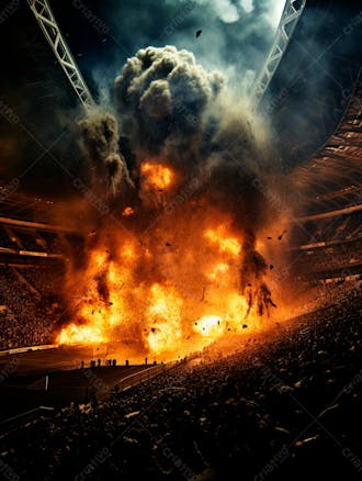 Imagem de uma explosão com fumaça em um estádio em ruínas 26