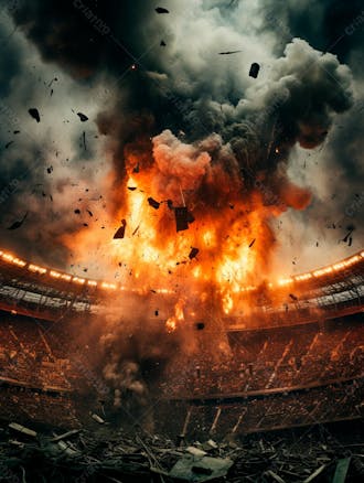 Imagem de uma explosão com fumaça em um estádio em ruínas 27