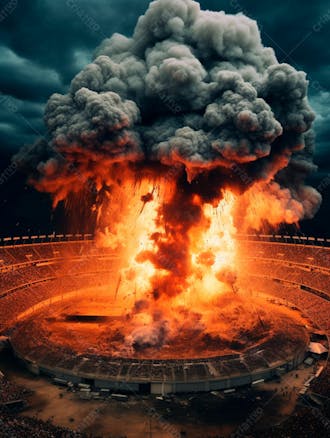 Imagem de uma explosão com fumaça em um estádio em ruínas 28