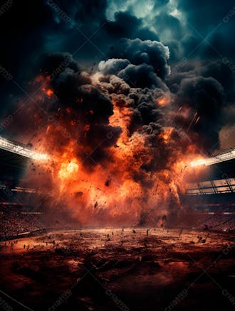 Imagem de uma explosão com fumaça em um estádio em ruínas 29