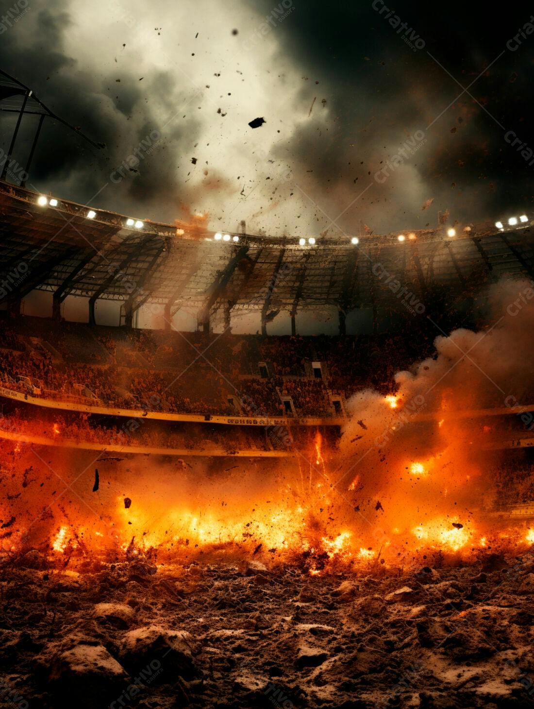 Estádio em chamas destruição total