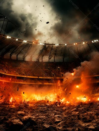 Imagem de uma explosão com fumaça em um estádio em ruínas 30