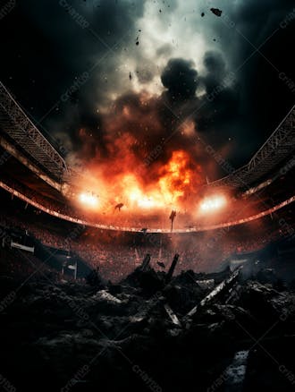 Imagem de uma explosão com fumaça em um estádio em ruínas 31
