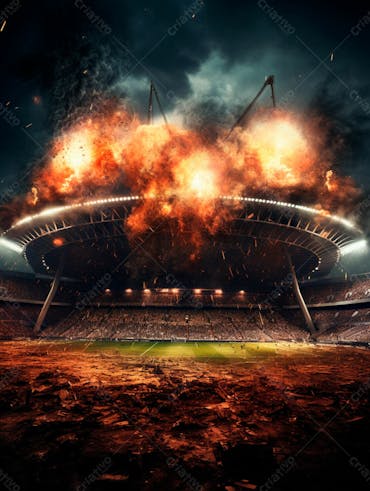 Imagem de uma explosão com fumaça em um estádio em ruínas 32