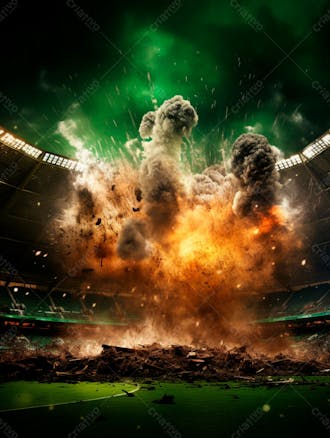 Imagem de uma explosão com fumaça em um estádio em ruínas 33