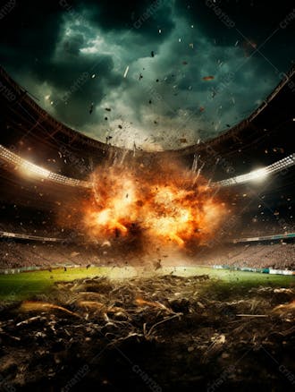 Imagem de uma explosão com fumaça em um estádio em ruínas 34