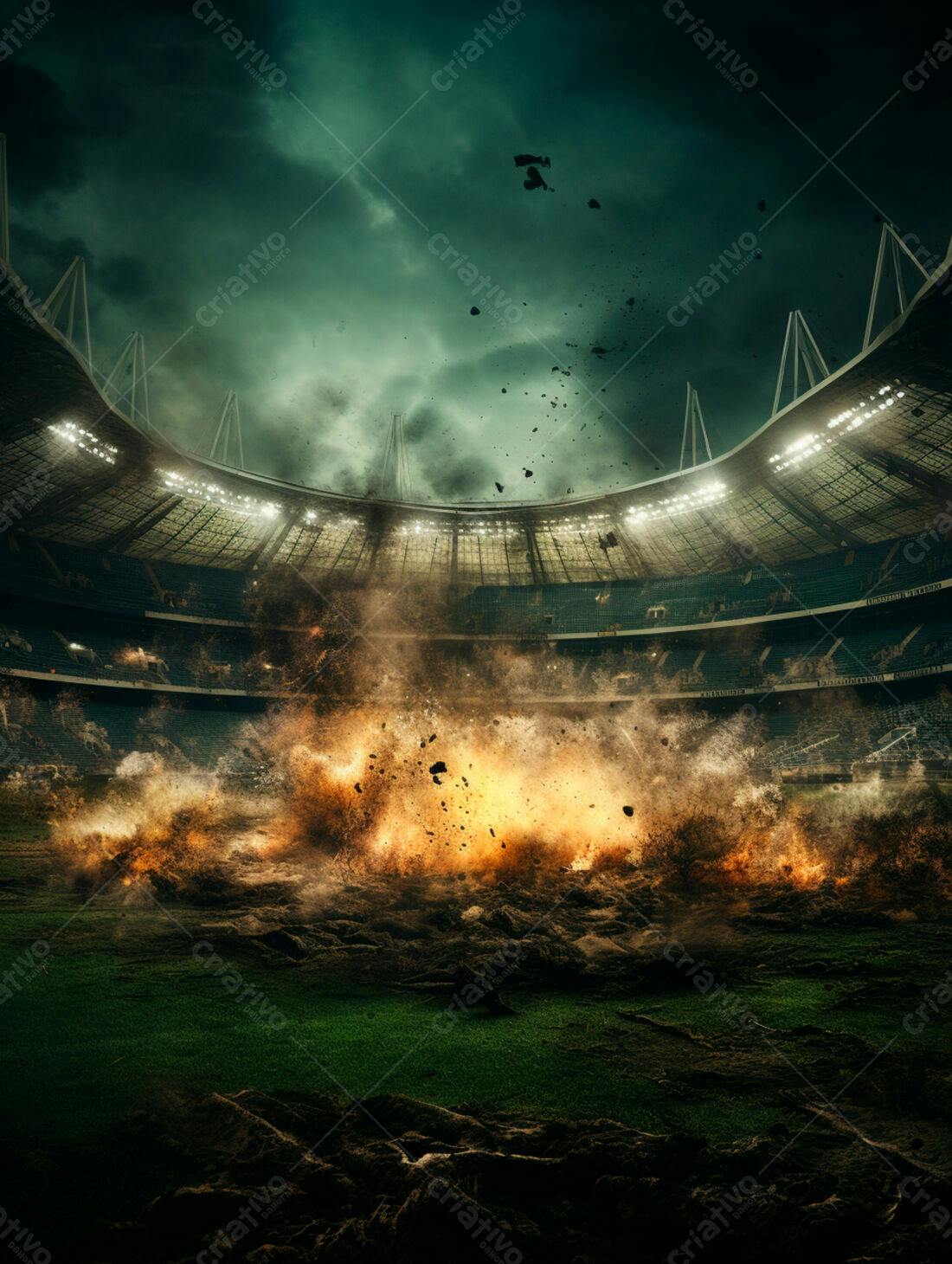 Explosão em estádio de futebol noturno