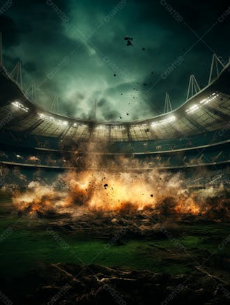 Imagem de uma explosão com fumaça em um estádio em ruínas 35