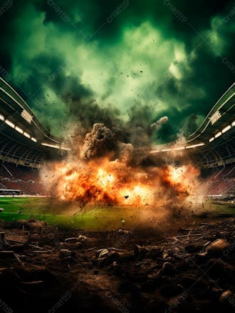 Imagem de uma explosão com fumaça em um estádio em ruínas 36