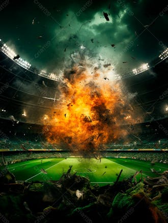 Imagem de uma explosão com fumaça em um estádio em ruínas 37