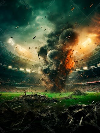 Imagem de uma explosão com fumaça em um estádio em ruínas 38