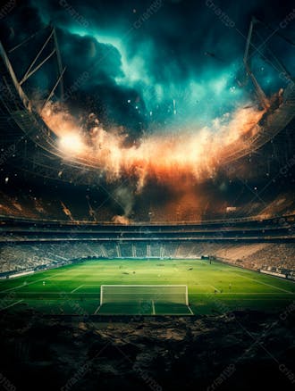 Imagem de uma explosão com fumaça em um estádio em ruínas 39