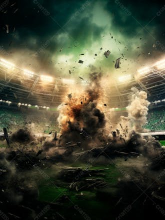 Imagem de uma explosão com fumaça em um estádio em ruínas 40