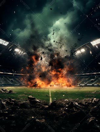 Imagem de uma explosão com fumaça em um estádio em ruínas 41