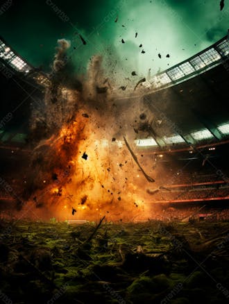 Imagem de uma explosão com fumaça em um estádio em ruínas 42
