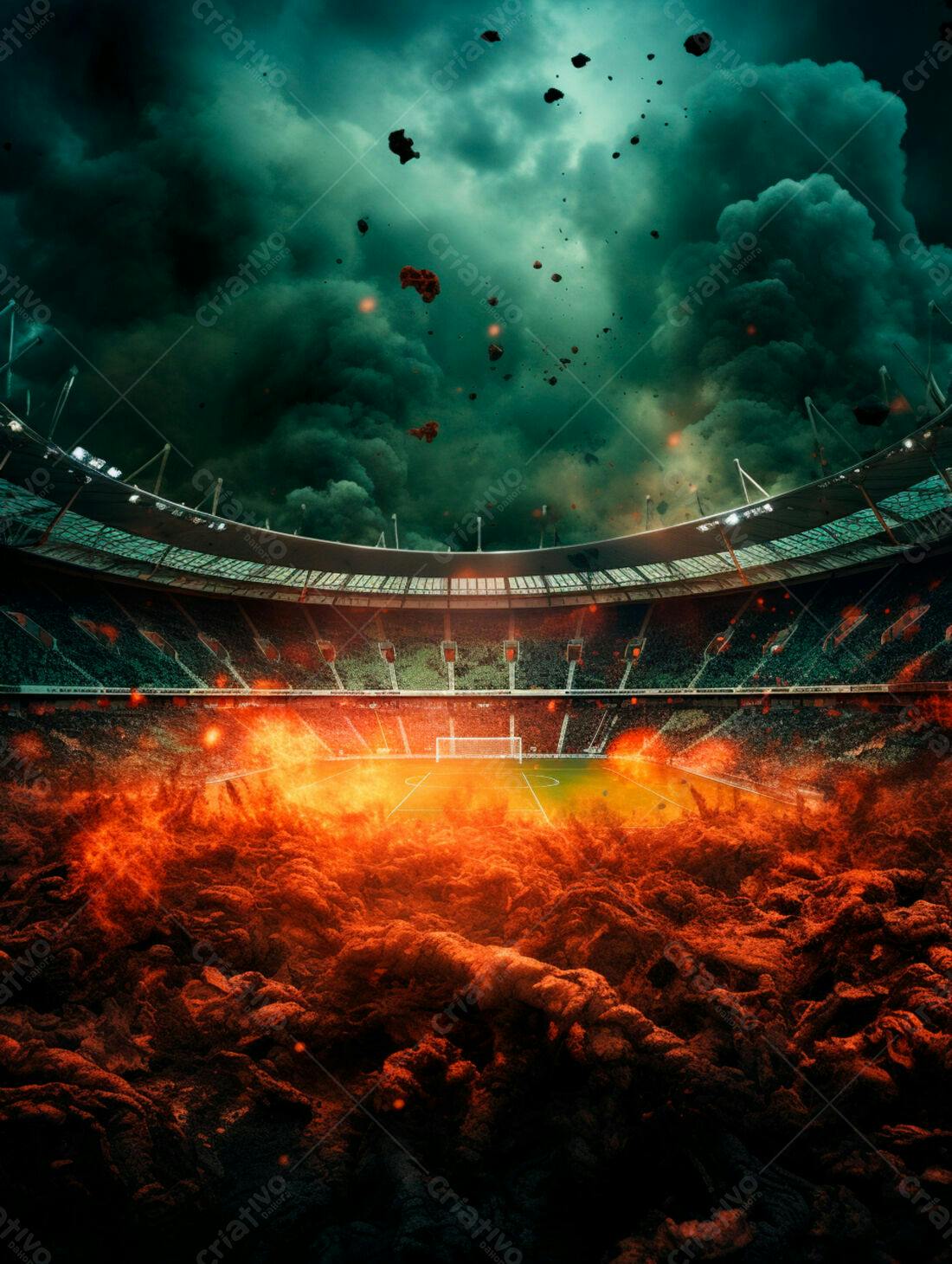 Estádio em chamas sob tempestade