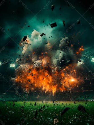 Imagem de uma explosão com fumaça em um estádio em ruínas 44
